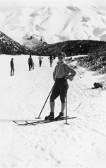 Joyce Beal; first venture on skis, on the original Curtis Ridge ski track (now the walking track to the flying fox); 1930